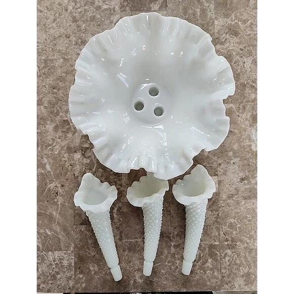 Vintage White Milk Glass Hobnail 3 Horn Epergne, 7" Tall - Picture 3 of 5